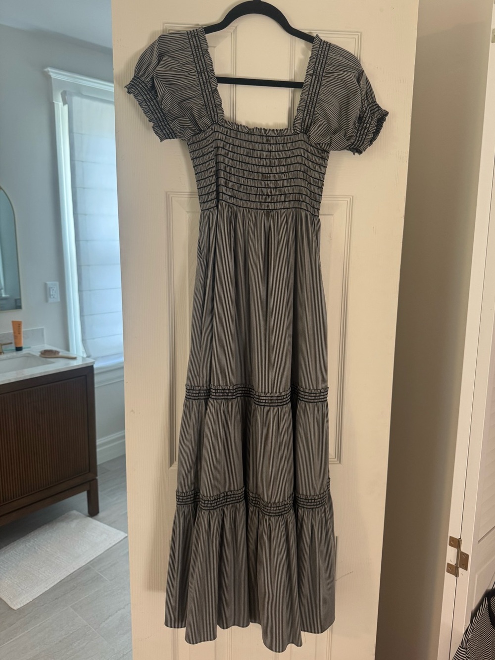 Tory Burch Black and White Smocked Midi Dress